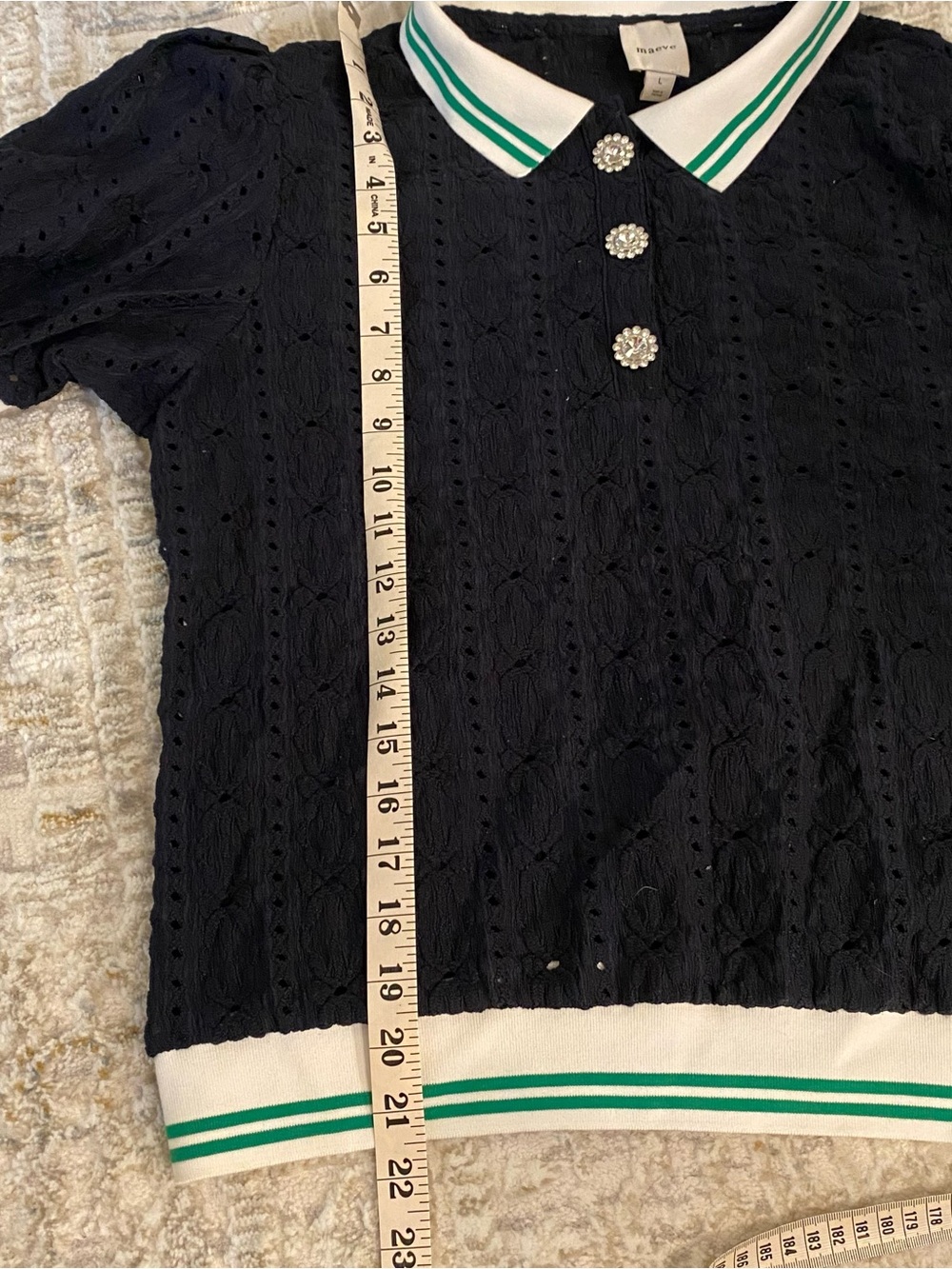 Maeve Knit Navy Polo Top with White & Green Trim and Crystal Buttons - Picture 8 of 11